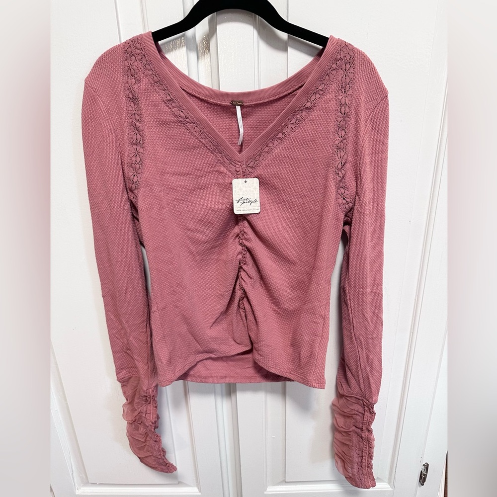 Free People Pink scrunch front top with lace cuffs